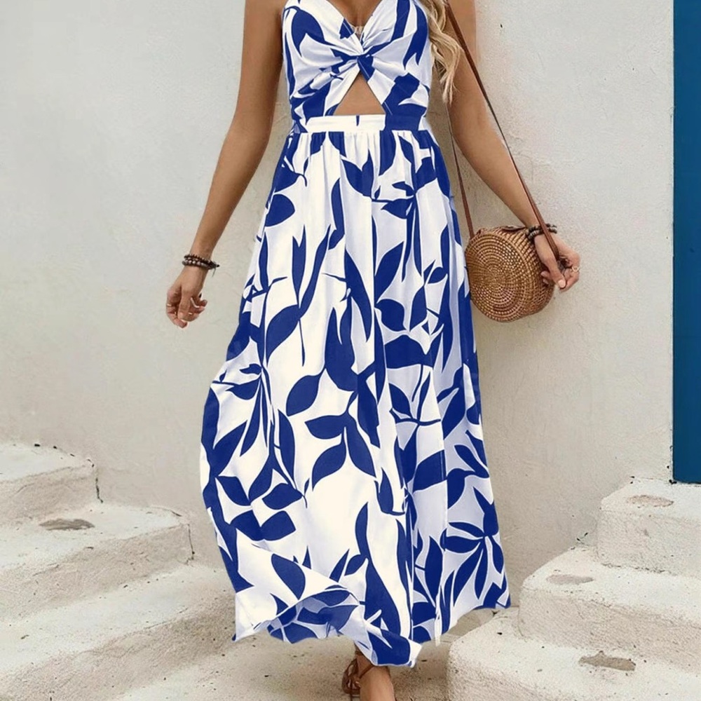 Blue and White Spaghetti Strap Maxi Sundress